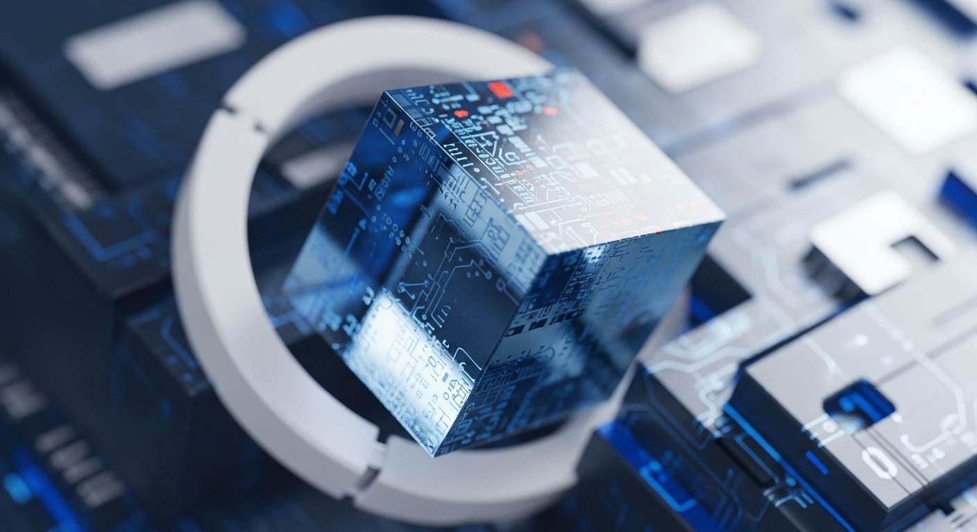 A luminous, cube-shaped digital artifact, adorned with complex circuit patterns and internal red and blue lights, is suspended within a minimalist white ring. The cube appears to be a representation of a digital asset or a core blockchain component, set against a backdrop of a dark, detailed circuit board