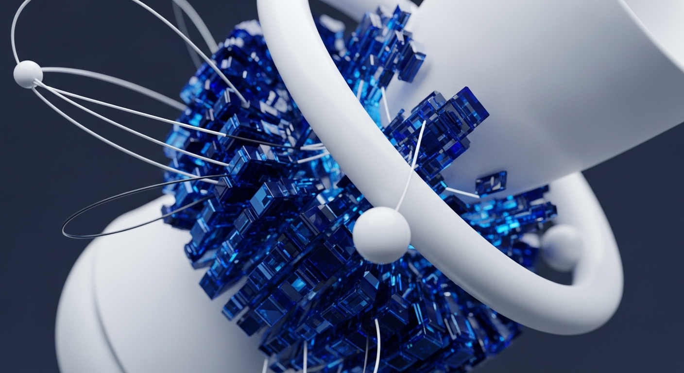 The image displays an abstract 3D rendering featuring a central mass of interconnected, translucent blue cubic forms. These are partially enveloped by smooth white tubular structures, with fine white and black lines extending from small white spheres, connecting various elements