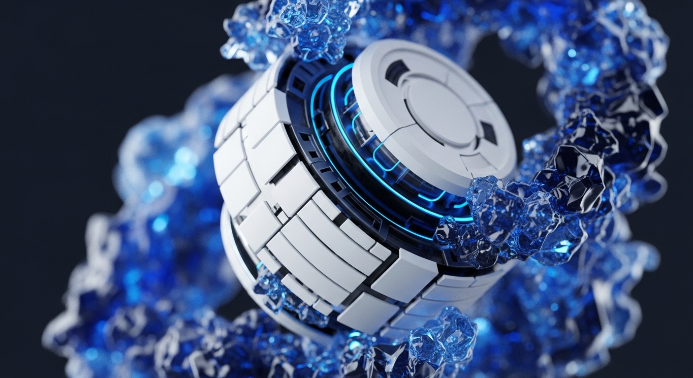 A sophisticated, multifaceted digital artifact, rendered in white and glowing blue, is suspended within a dynamic, ice-like blue matrix. This abstract representation delves into the intricate architecture of decentralized finance and blockchain infrastructure