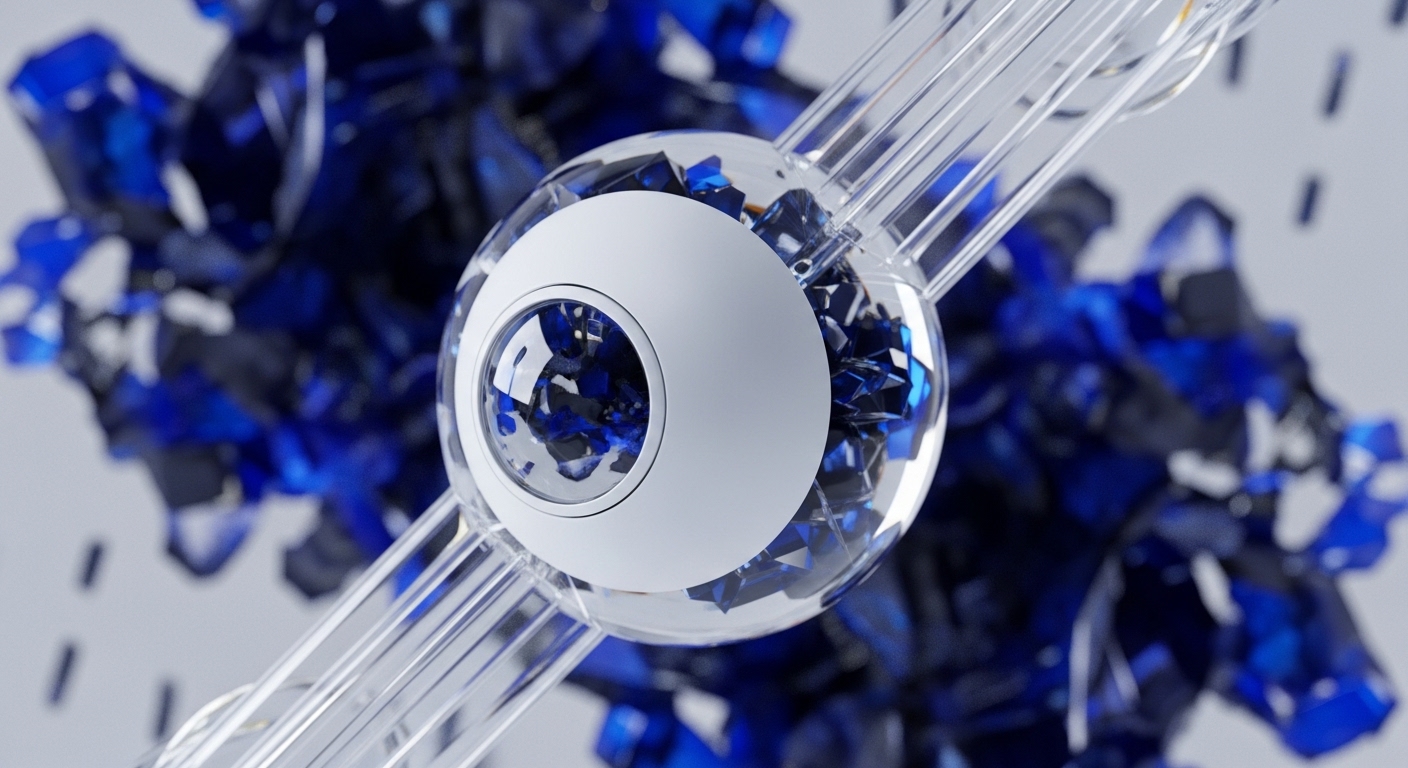 A central, transparent sphere, containing numerous angular, sapphire-hued crystalline fragments, is encased in a clear, multi-tubed structure. This assembly is positioned against a backdrop of larger, fragmented, dark blue crystalline forms and a pale, speckled surface