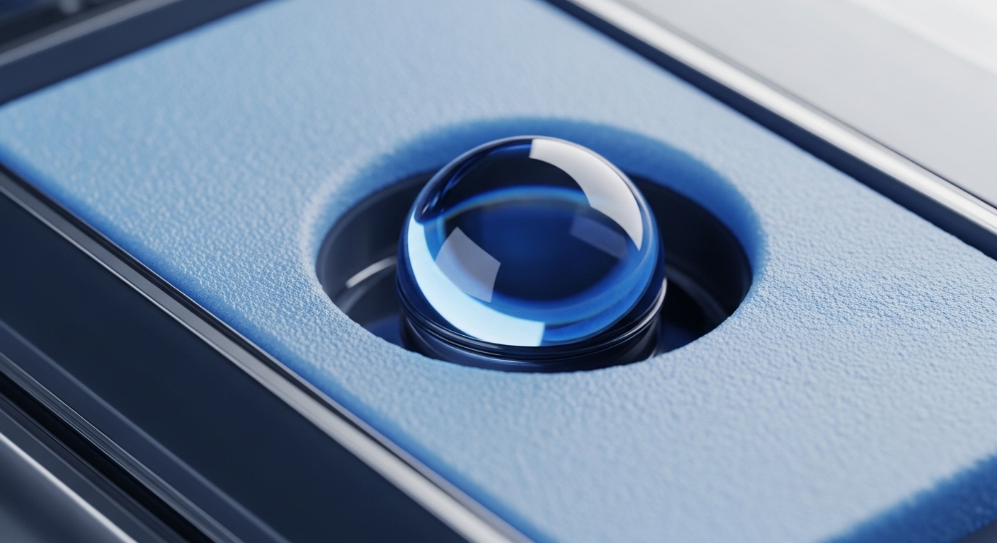 A flawless, translucent blue sphere is centrally positioned within a sculpted, light blue textured cradle. The orb's polished exterior reflects the surrounding environment, representing the secure containment of cryptocurrency and digital tokens