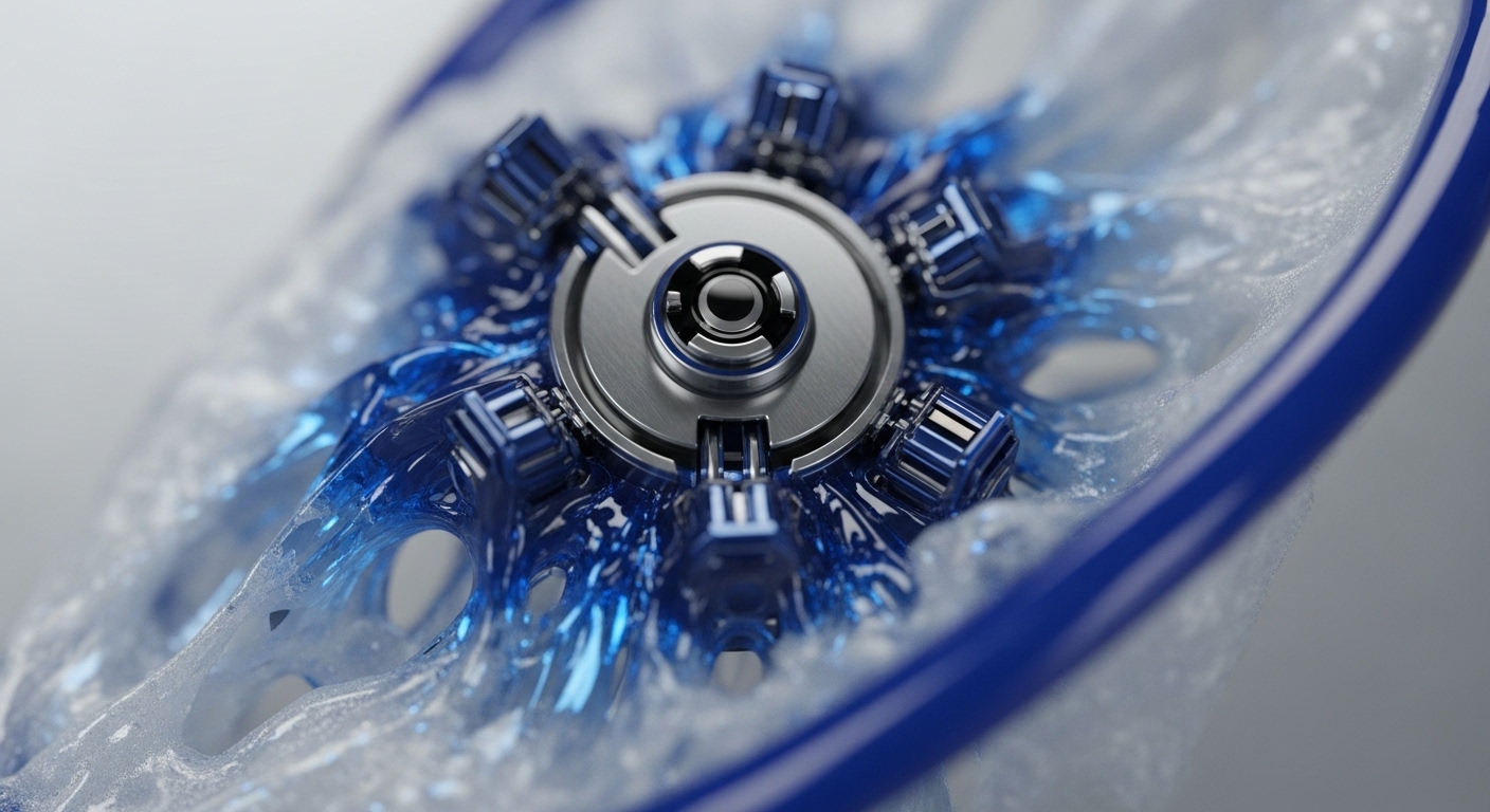 A central brushed metallic mechanism is prominently featured, surrounded by a vibrant, translucent blue substance that appears to flow outwards. This intricate core, reminiscent of a smart contract engine or a robust consensus mechanism, is securely integrated into a dynamic, liquid-like network