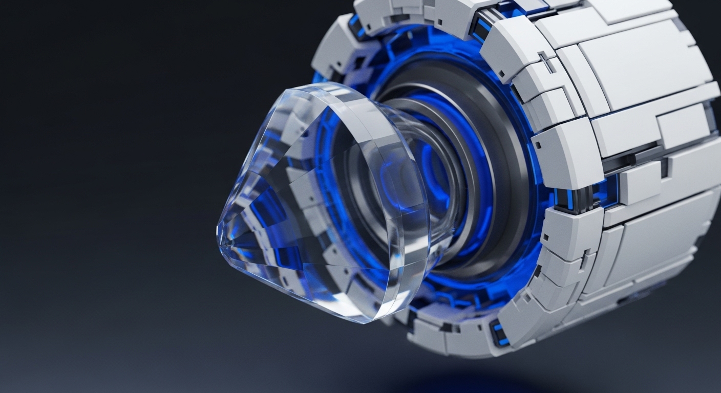 A clear, angular crystalline object, akin to a cut gem, is positioned before a sophisticated, cylindrical device. The device features segmented white panels and a central aperture glowing with intense blue light, hinting at advanced computational processes