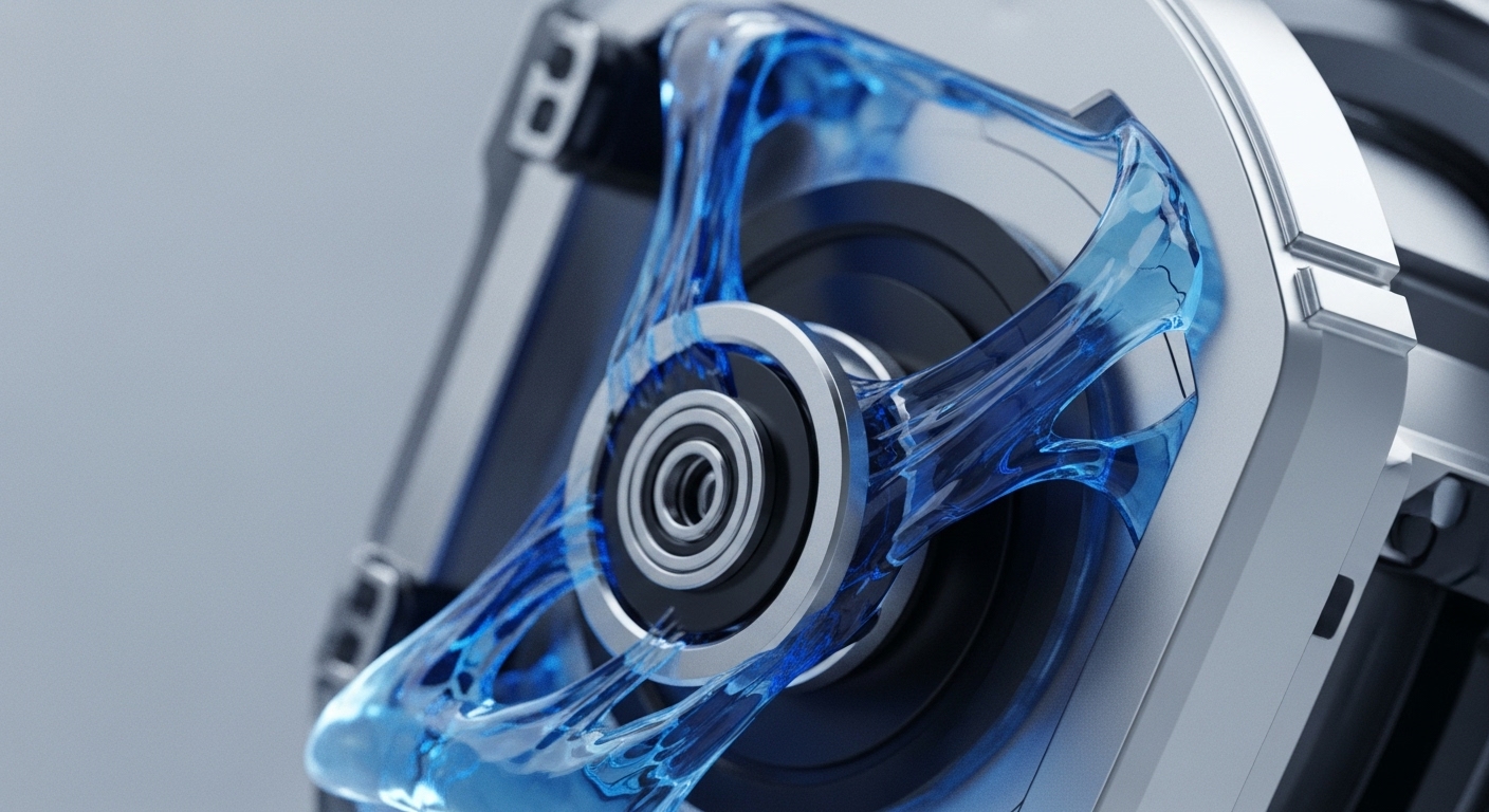 A detailed perspective captures a futuristic mechanical component, showcasing a central bearing mechanism surrounded by vibrant, flowing blue liquid. The composition highlights precision-engineered silver and dark gray metallic elements against a light background, emphasizing the intricate design and robust construction