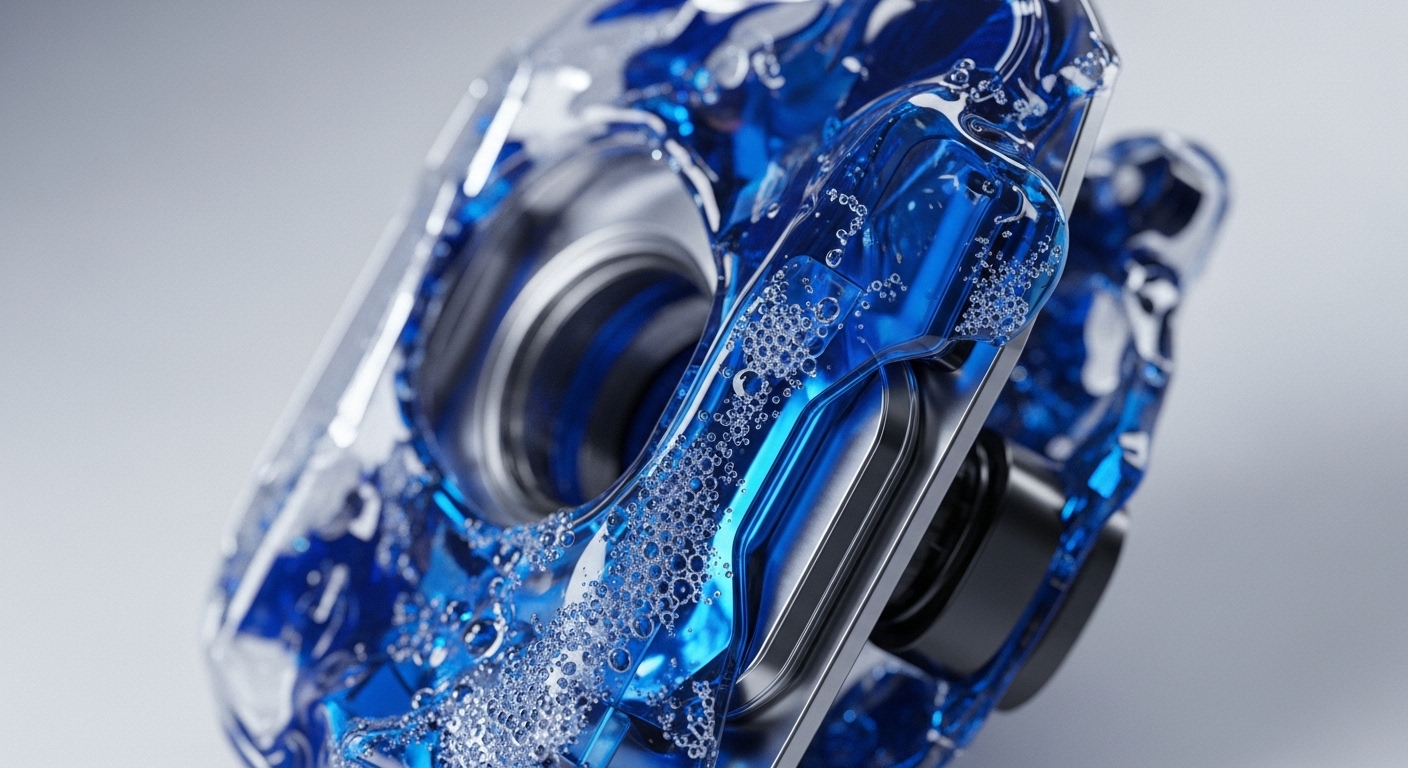 A sophisticated transparent apparatus showcases vibrant blue liquid with myriad effervescent bubbles flowing around polished metallic components. This intricate visual metaphor represents the dynamic decentralized ledger ecosystem, where individual bubbles symbolize discrete on-chain transactions or data packets actively moving through a blockchain protocol. The clear housing emphasizes cryptographic transparency, while the robust internal structure signifies underlying consensus mechanisms ensuring transaction finality and data integrity within a distributed network.