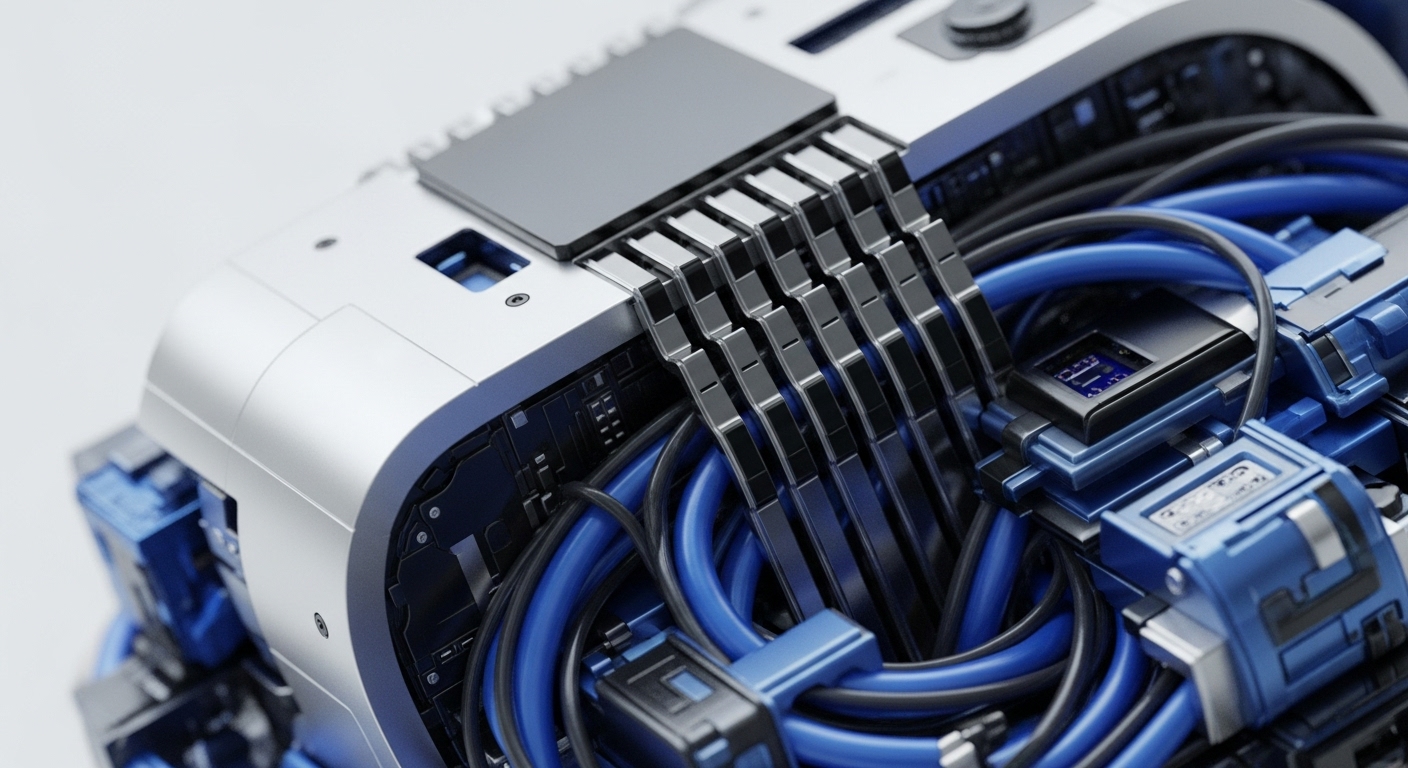 This detailed visualization captures the complex interconnectivity of advanced digital systems, featuring metallic structures and a network of blue and black conduits. The arrangement evokes the intricate architecture of decentralized networks, where numerous components must communicate and synchronize