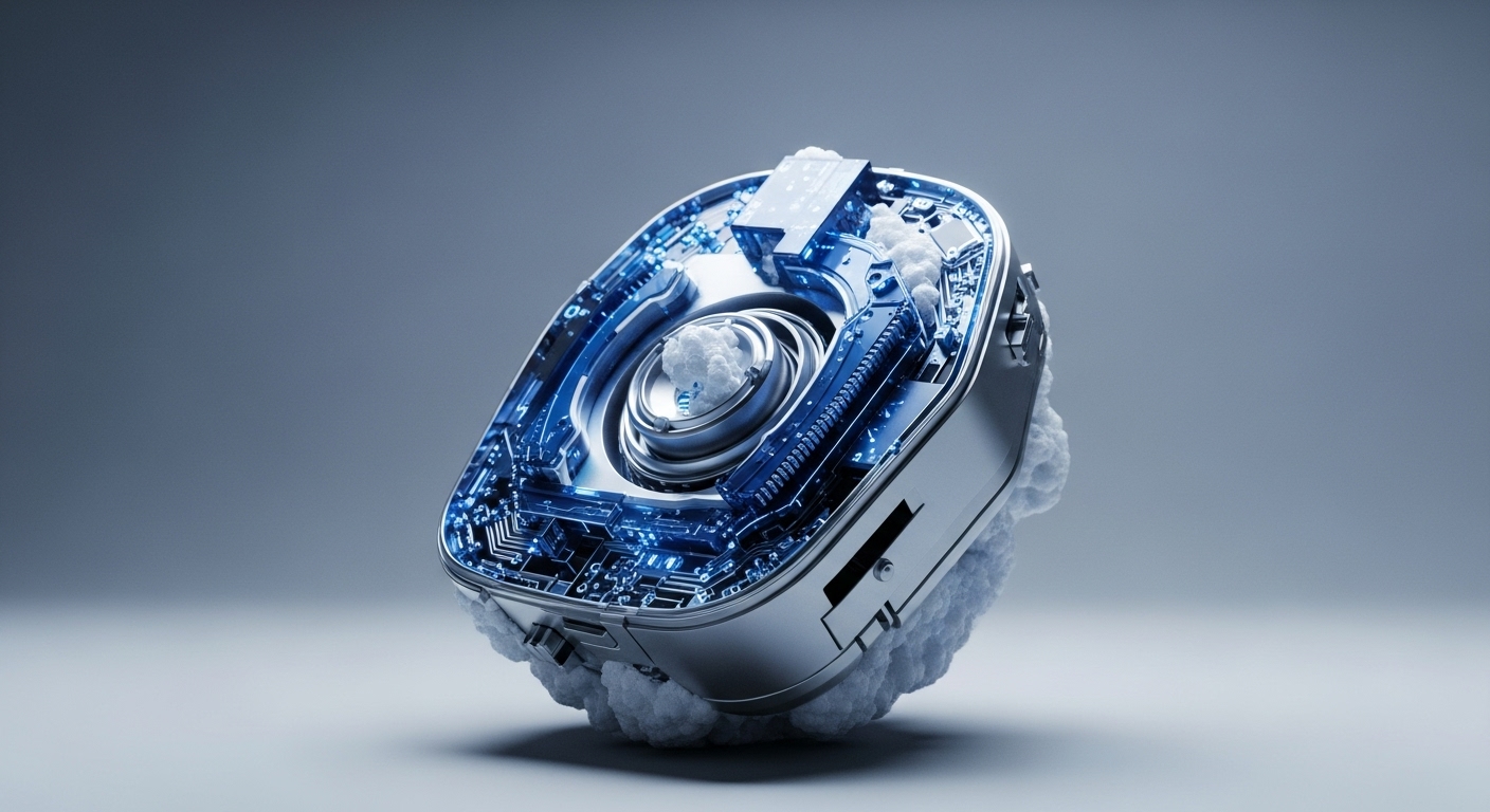 A sleek, metallic computing device with an exposed top reveals glowing blue circuit boards and a central processing unit. White, textured material resembling clouds or frost surrounds parts of the internal components and the base of the device