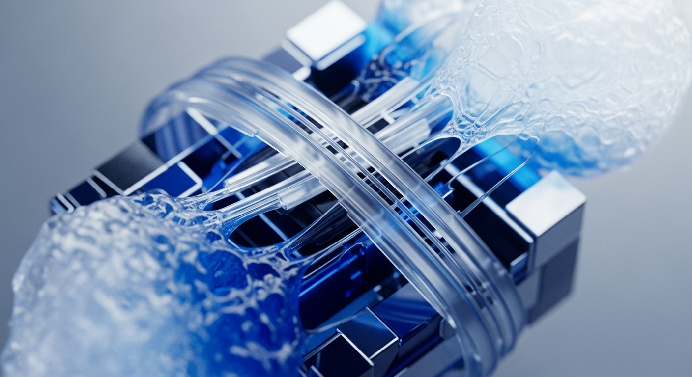 The image displays abstract blue and silver cuboid shapes interconnected with translucent, fluid-like structures and clear tubes. These elements create a dynamic, interwoven composition against a light background