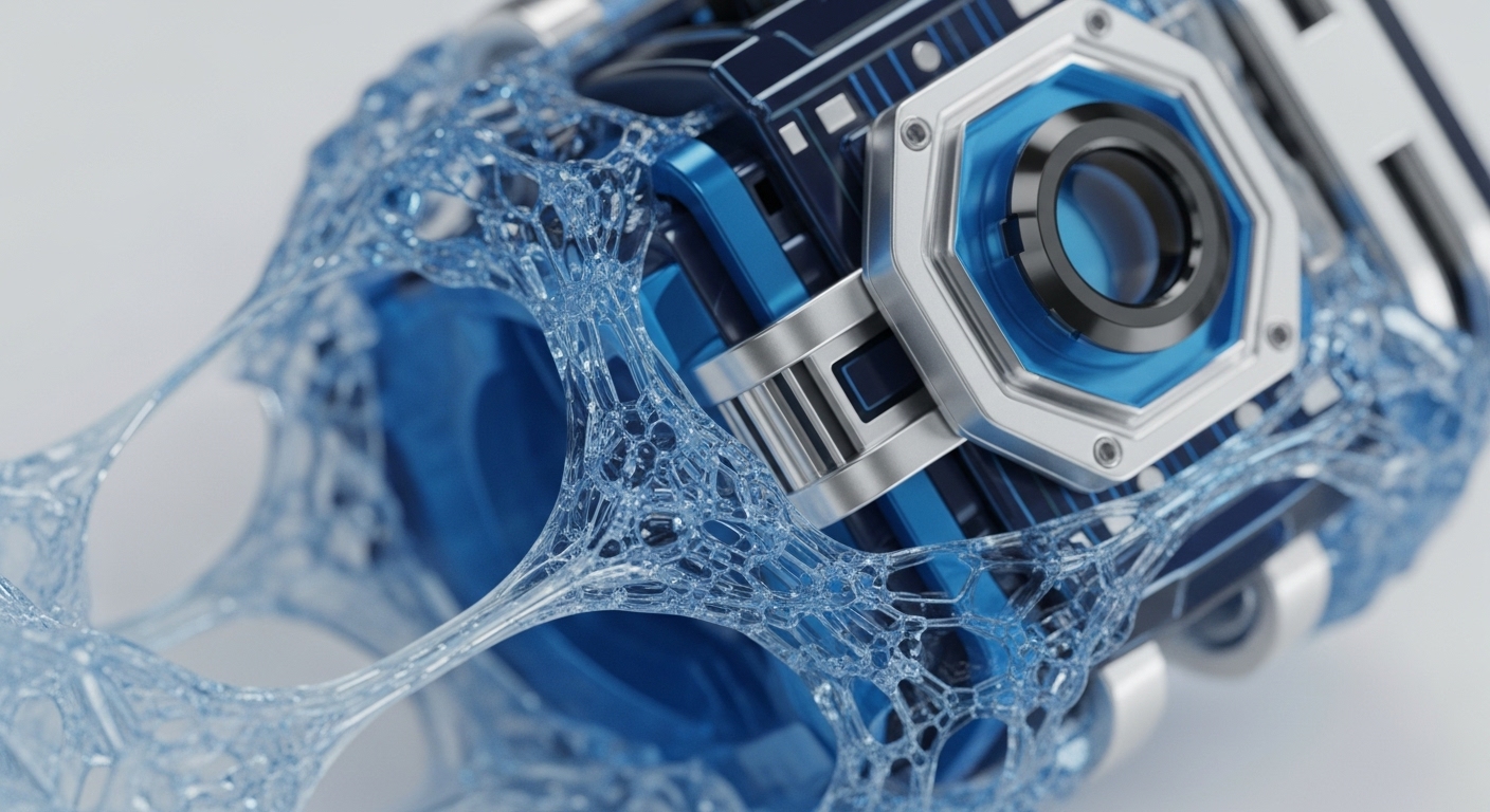 A highly detailed render showcases a sophisticated blue and silver mechanical component, partially obscured and connected by an ethereal, translucent, web-like material. This intricate lattice appears to stretch and adhere to the device, highlighting its complex integration