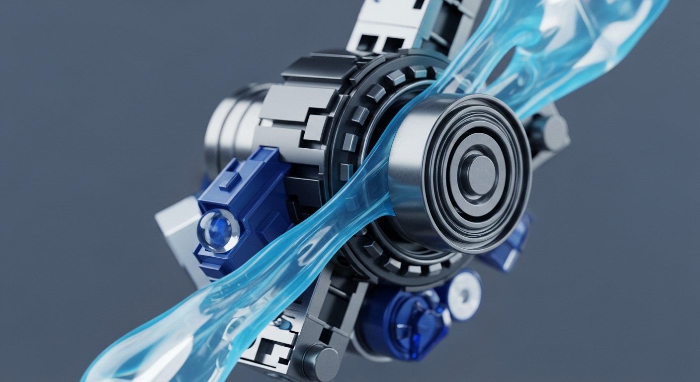 This image displays a sophisticated mechanical assembly featuring metallic elements and a vibrant blue, flowing substance. The intricate design visually interprets a complex blockchain infrastructure