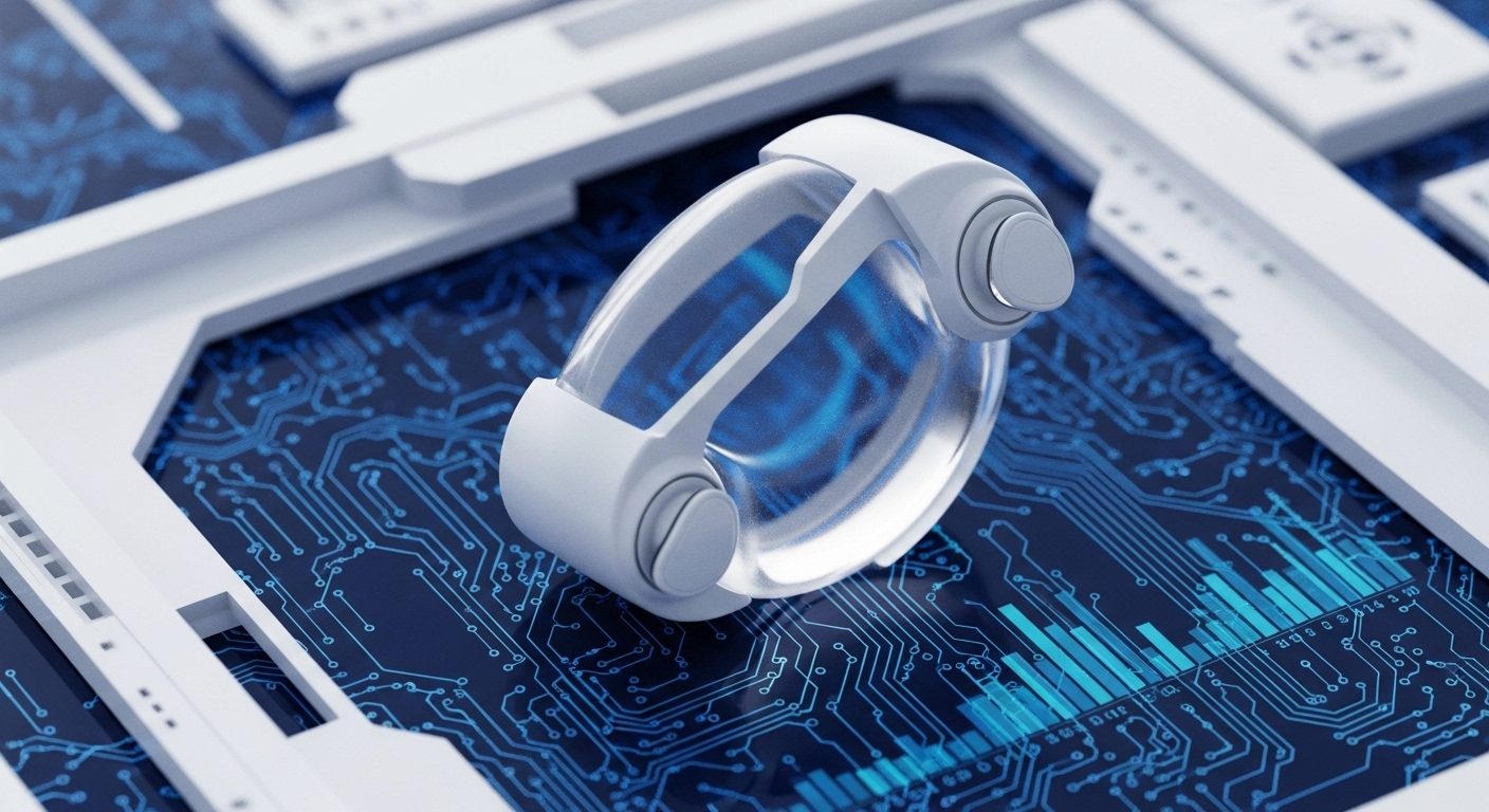 A clear, ovular capsule with white structural accents sits centered on a deep blue circuit board, illuminated by internal blue light patterns. The circuit board displays complex pathways and a subtle bar graph visualization