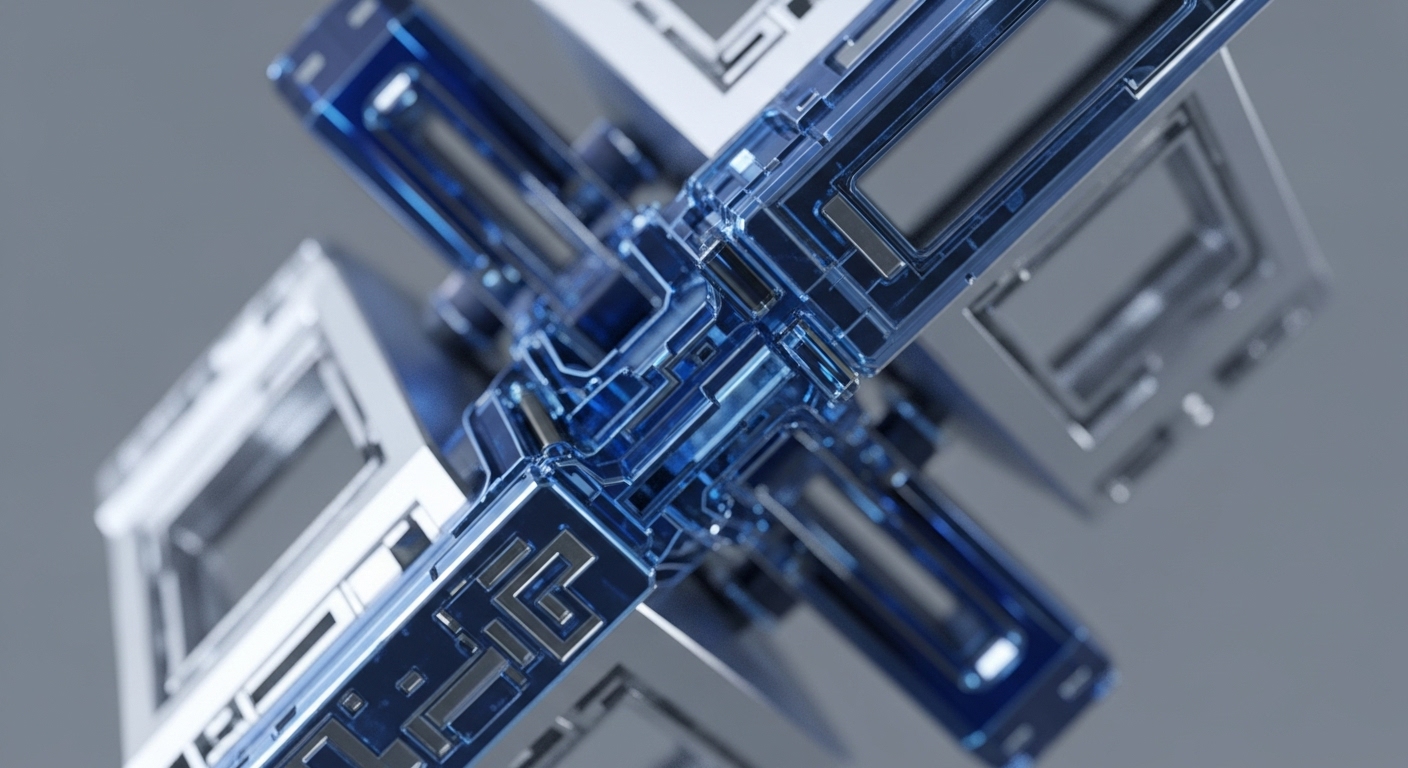 A striking abstract composition showcases a central translucent blue module, intricately detailed with circuit-like patterns and metallic inlays. This core element is surrounded by and interlocks with angular, grey metallic structures, creating a complex, three-dimensional network
