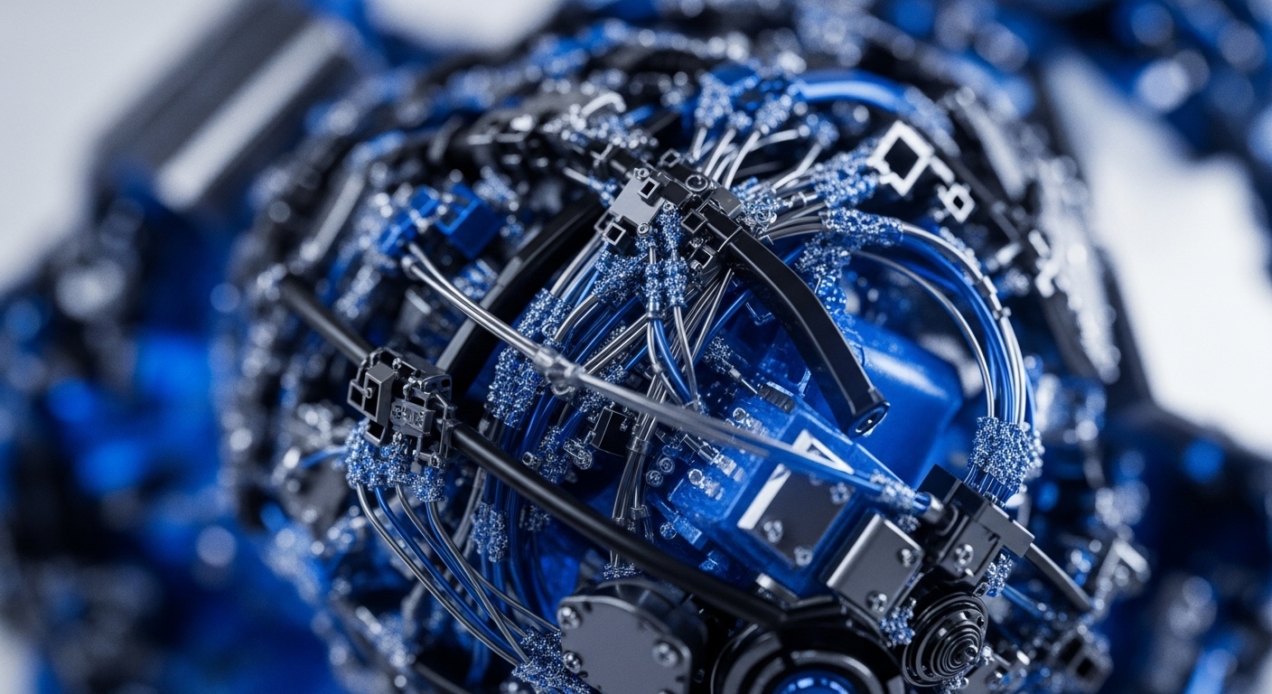 The image presents a detailed view of a highly complex, interconnected system with prominent blue and silver elements. This visual metaphor extends to the realm of decentralized finance and blockchain infrastructure, highlighting the intricate design of distributed ledger technology