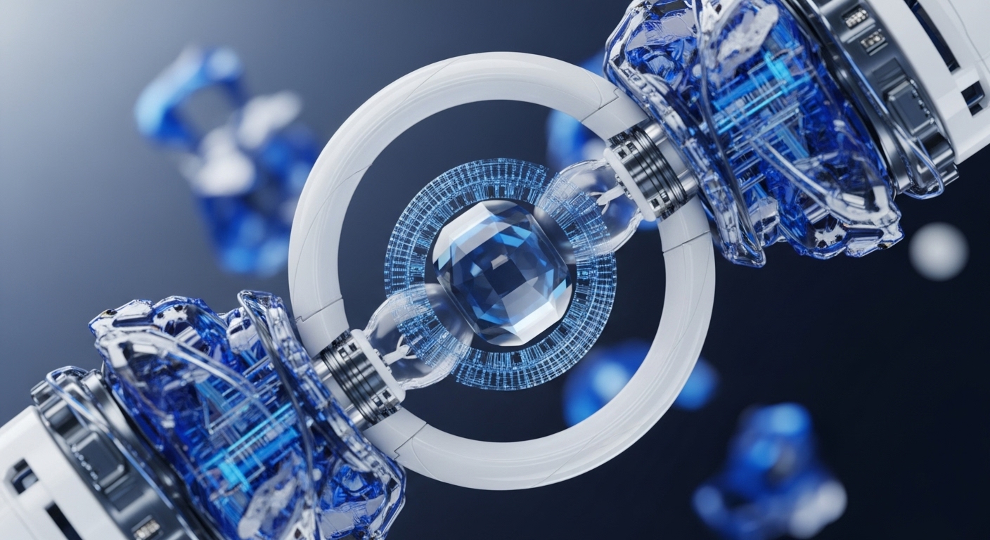 Two advanced robotic manipulators, encrusted with crystalline blue components and visible internal circuitry, grip a central structure featuring a faceted blue gem and a surrounding white ring. The scene is set against a dark, abstract background with blurred blue forms suggesting a digital or quantum environment