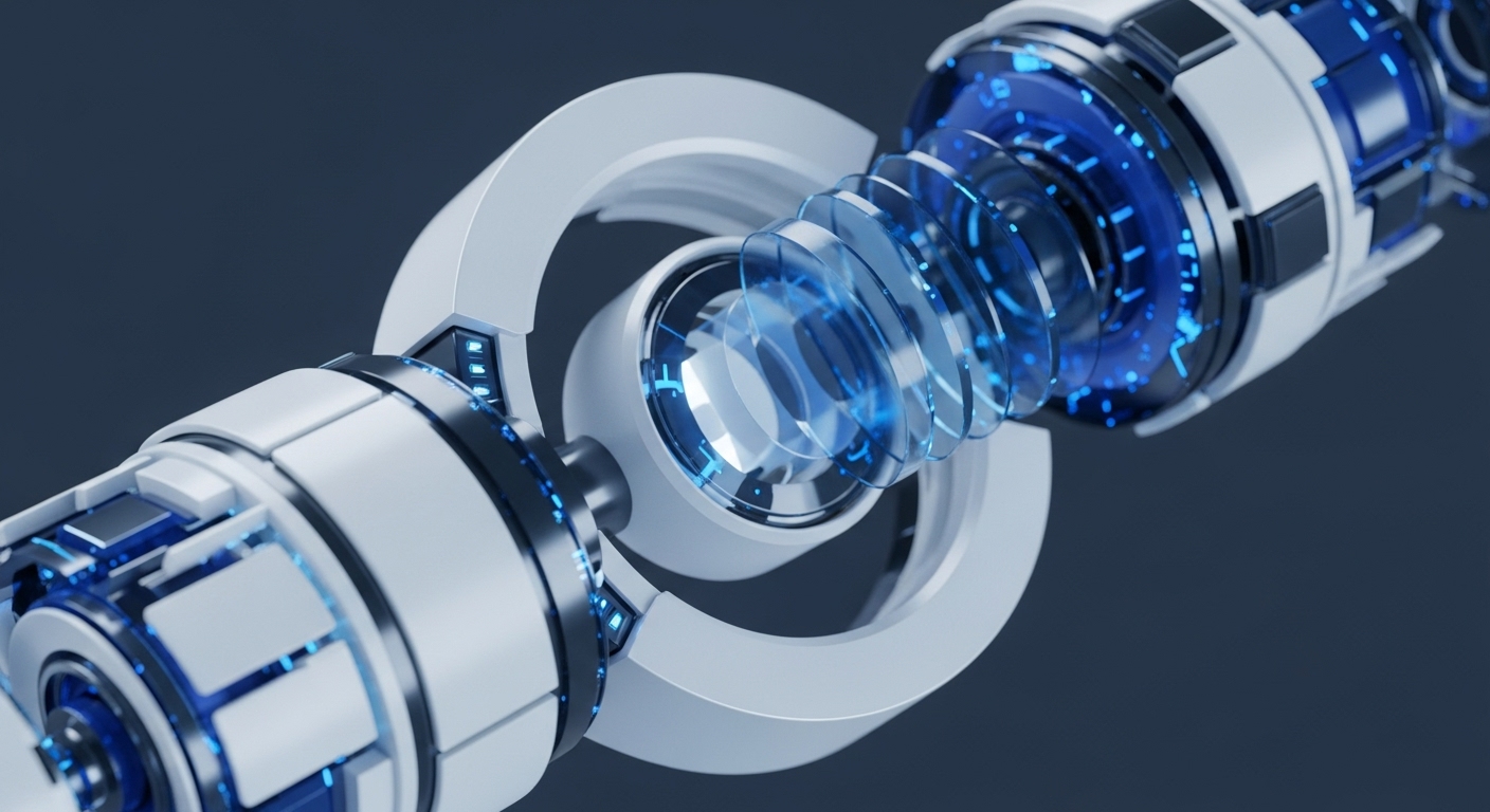Interlocking digital segments with glowing blue nodes and transparent layers depict a secure blockchain linkage. This visualization embodies the core principles of distributed ledger technology, illustrating how individual blocks are cryptographically bound together to form an immutable chain