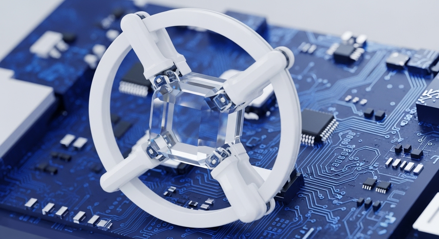 A luminous, multi-faceted crystalline object, reminiscent of a precision-cut gemstone, is held by a white, articulated gimbal mechanism. This assembly rests upon a deep blue, highly detailed printed circuit board, adorned with a network of circuit traces and various semiconductor components