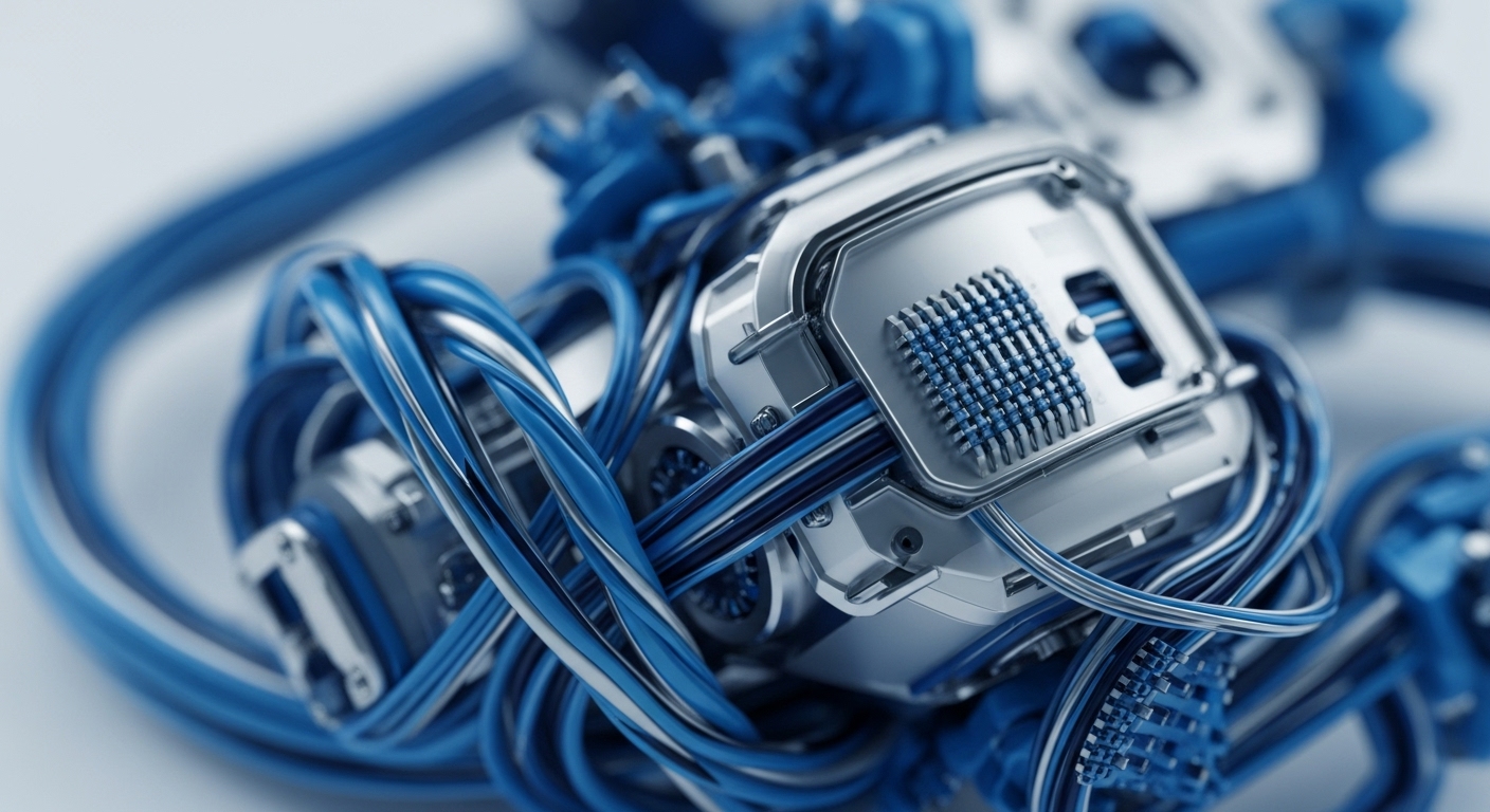 A close-up view showcases a dense entanglement of vibrant blue cables converging around polished metallic components. These elements create a visual representation of advanced technological architecture, akin to the underlying structure of a decentralized network
