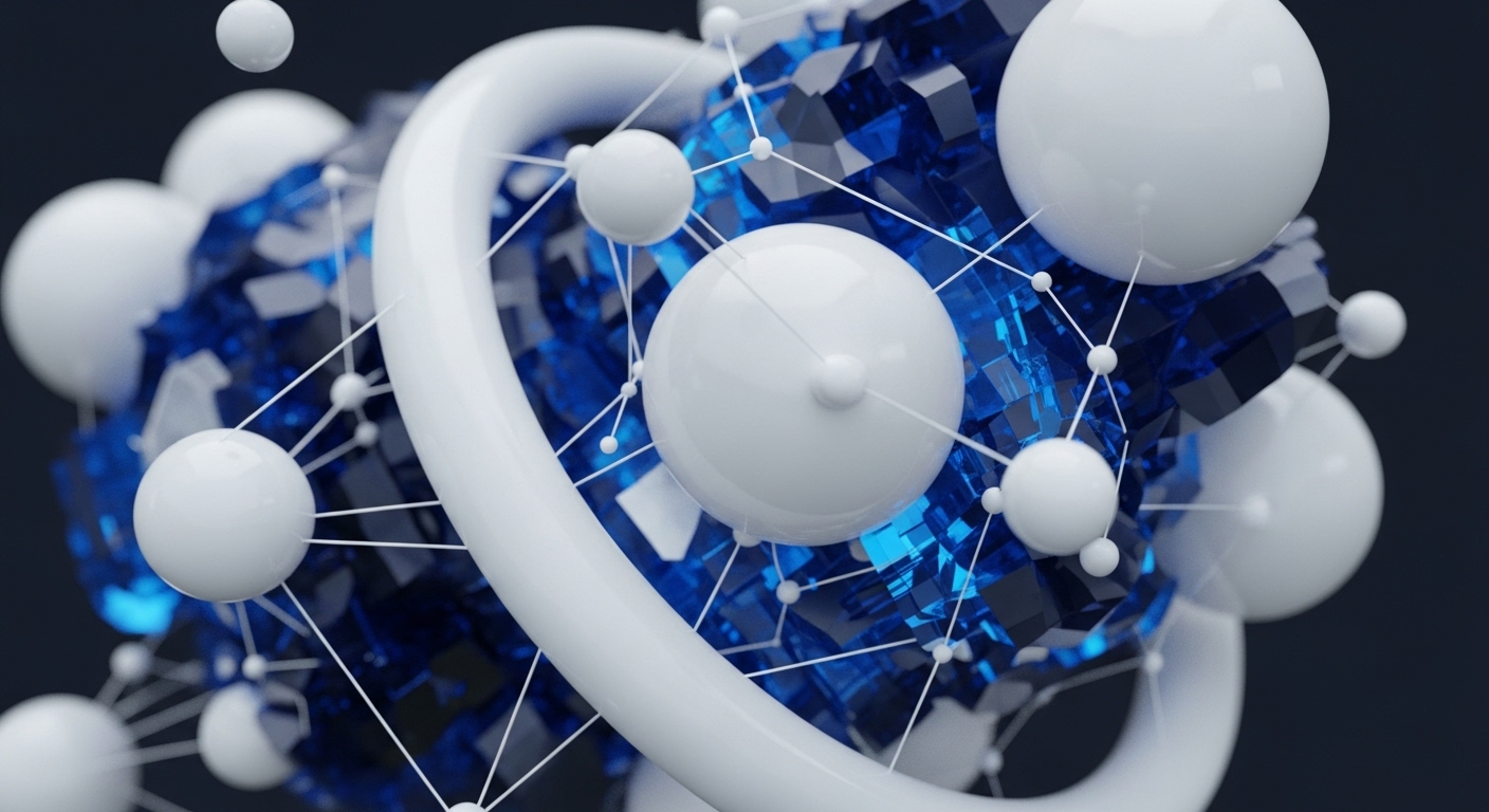 The image displays an intricate 3D abstract composition featuring numerous glossy white spheres of various sizes connected by fine white lines. These interconnected spheres are intertwined with a central cluster of translucent, faceted blue cubes, and a large, smooth white ring encircles parts of the arrangement
