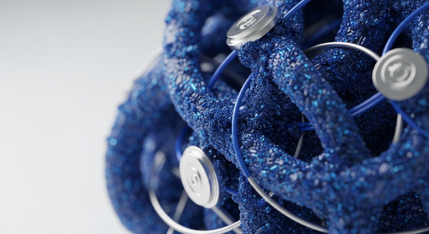 A close-up view displays a dense network of interwoven, deep blue granular structures, accented by bright blue cables and metallic silver circular components. These elements create an abstract yet highly detailed representation of complex digital infrastructure