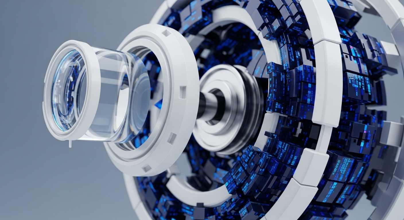 The image displays a gleaming, multi-element lens system, possibly representing a secure access point, aligned with a vibrant, spherical structure composed of intricate, interlocking blue and black digital blocks. This sphere evokes the complex architecture of a blockchain network, where each block contains hashed transaction data