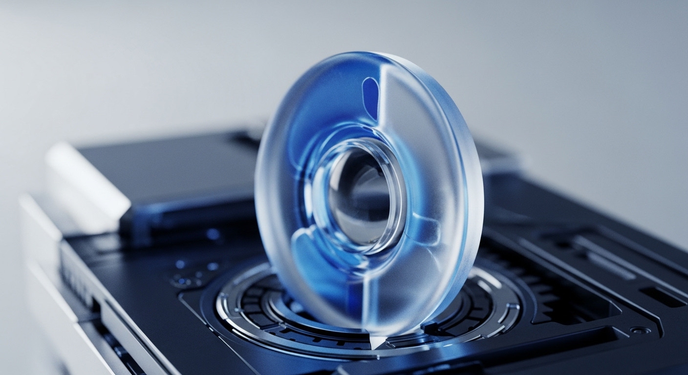 A striking, translucent blue lens with internal complexity rests atop a dark, textured platform adorned with a circular, gear-like mechanism. This imagery powerfully visualizes the foundational elements of blockchain technology and cryptocurrency operations