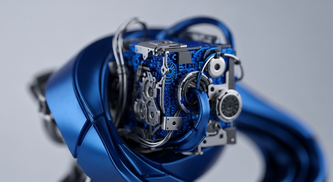 The image showcases a detailed mechanical structure with blue circuit board elements and metallic gears, hinting at advanced engineering. This intricate design visually represents the complex, multi-layered architecture of blockchain networks, the foundational technology for cryptocurrencies