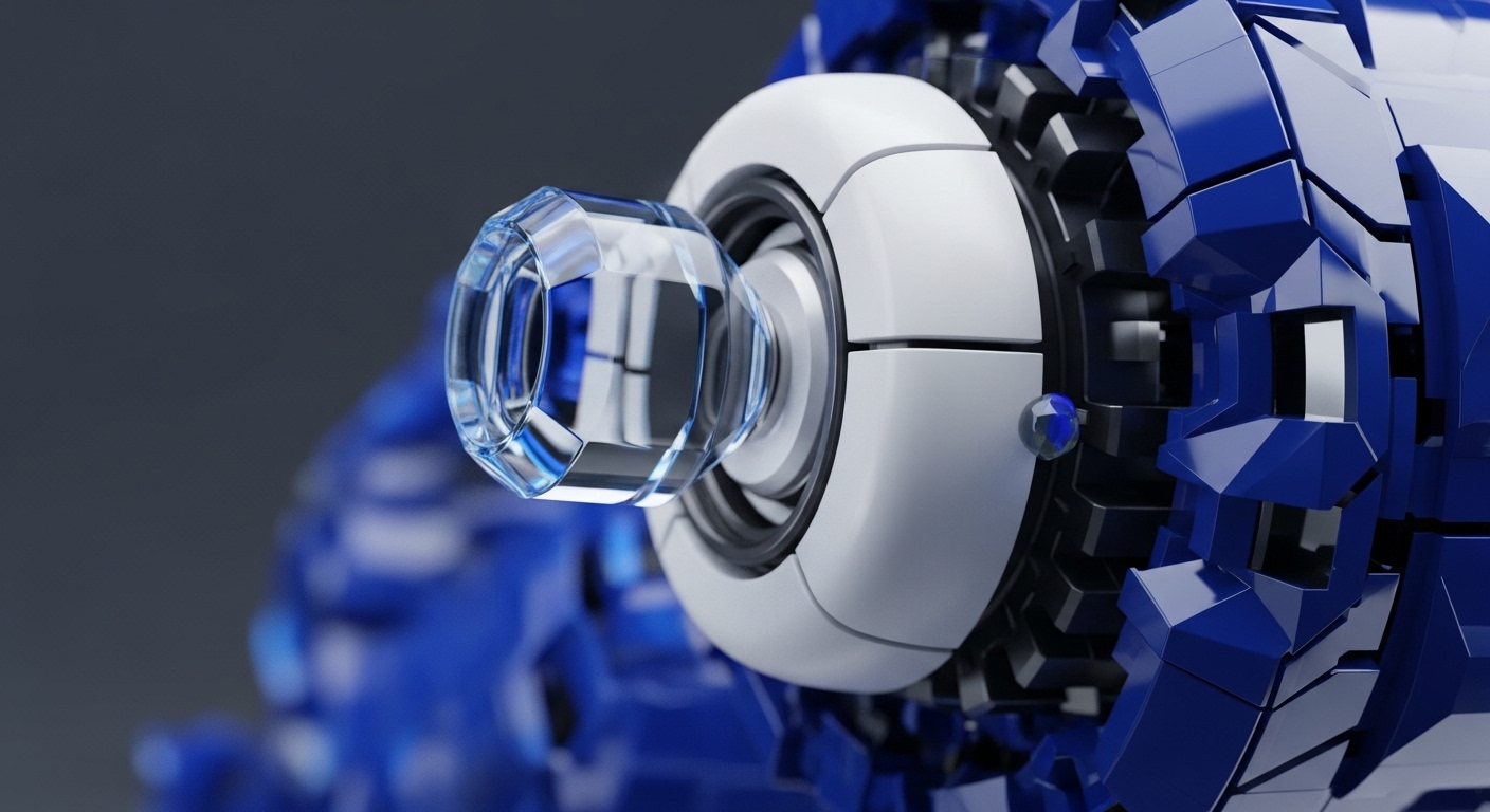 A luminous, multi-faceted crystal extends from a detailed, segmented blue and white structure, hinting at advanced technological integration. This imagery evokes the core components of decentralized finance and secure digital asset management