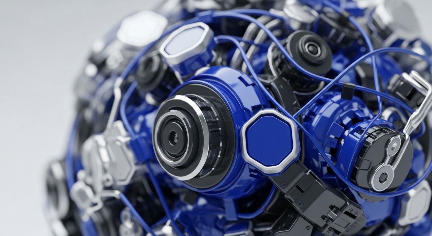 This close-up view reveals a spherical, intricate mechanical assembly in striking blue and silver. The complex arrangement of gears, hexagonal connectors, and fine wiring evokes the sophisticated nature of blockchain infrastructure