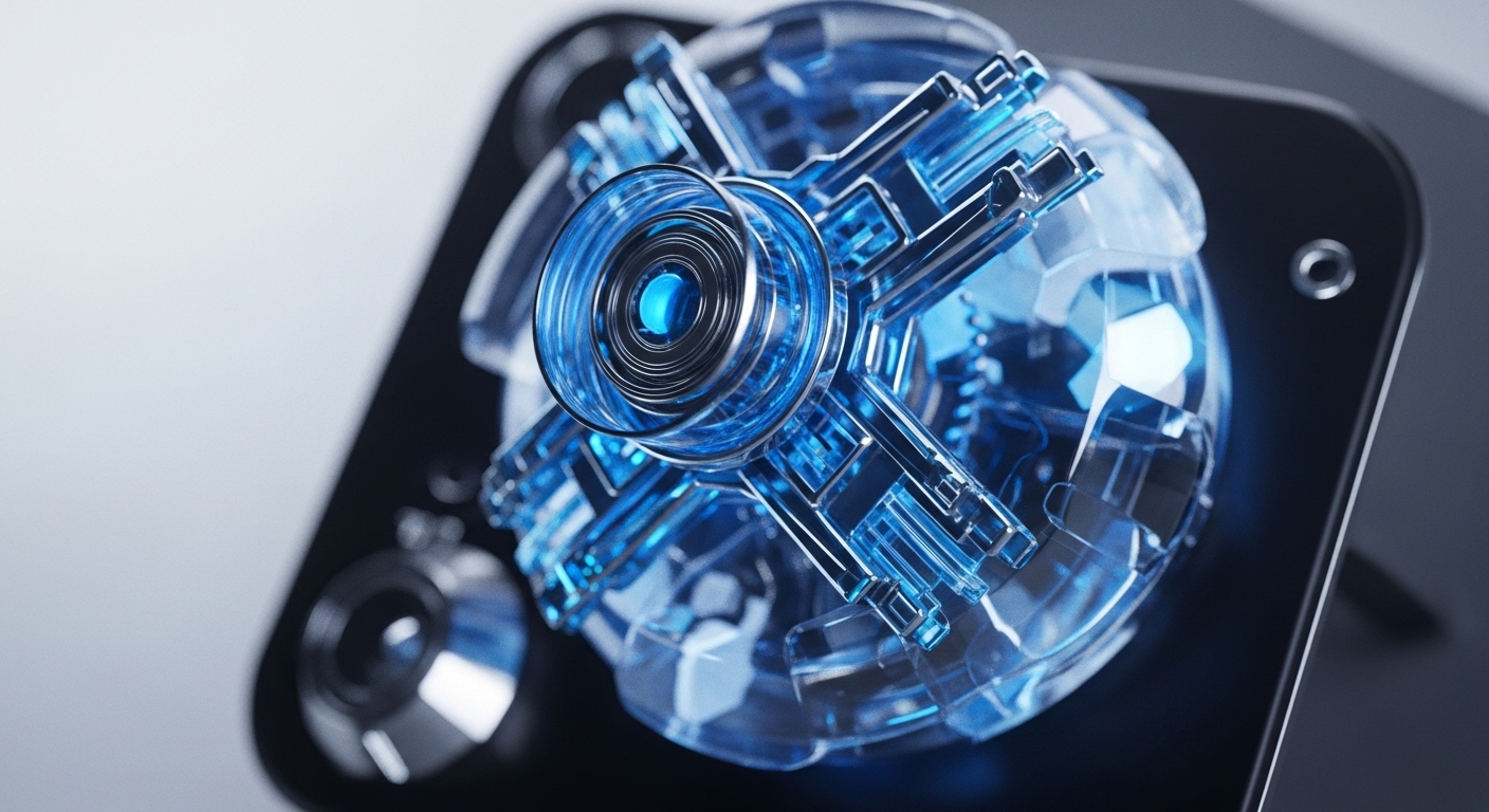 A detailed close-up reveals a sophisticated, glowing blue transparent spherical mechanism. This intricate internal structure, composed of interconnected components, rests on a dark, polished surface, hinting at a larger operational framework