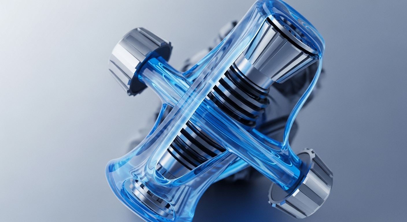 The image displays a high-tech abstract mechanism composed of transparent blue tubes intricately intertwined with metallic cylindrical structures. These components are arranged against a gradient grey background, suggesting depth and a futuristic environment