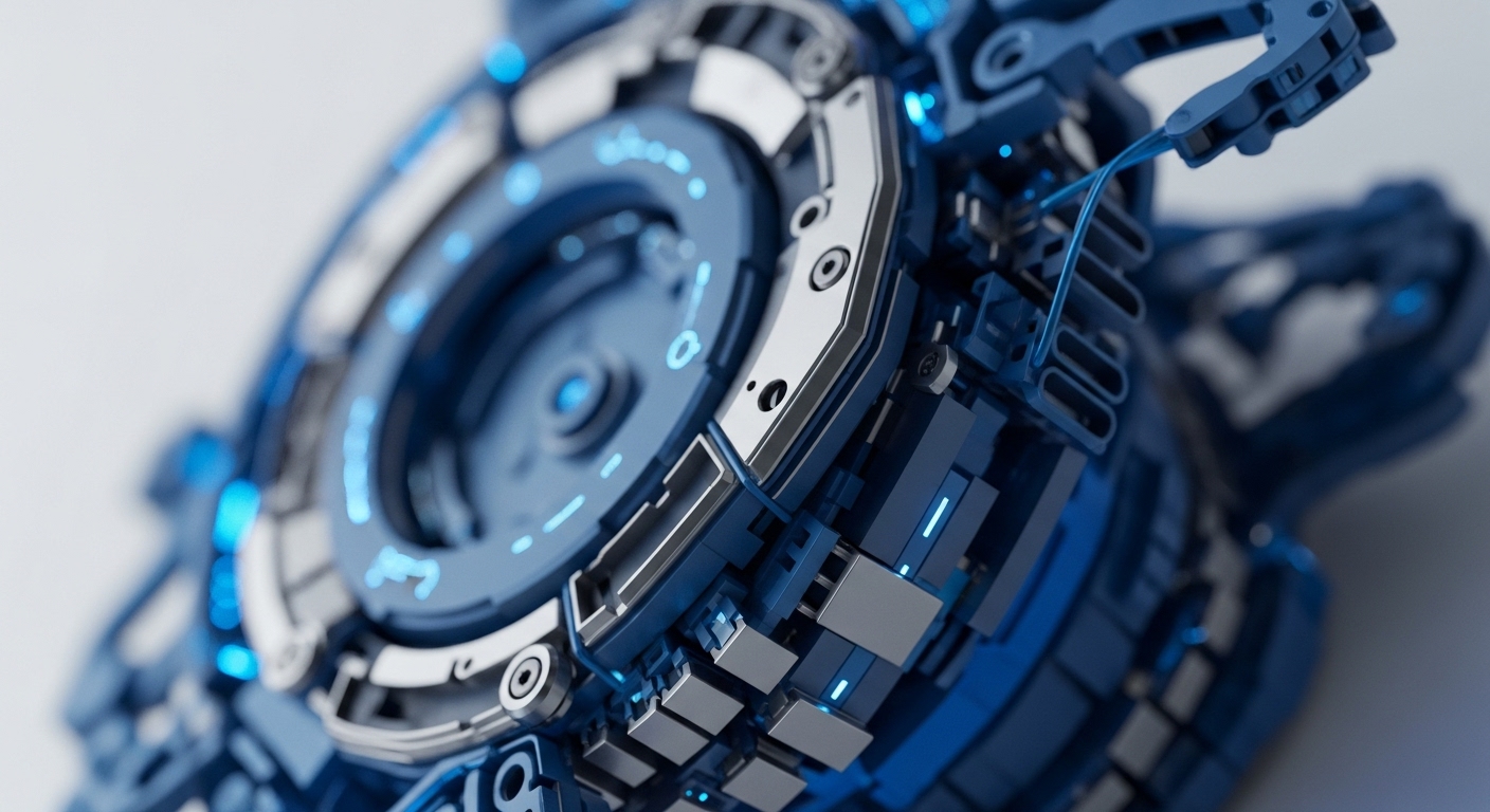 The detailed metallic structure features a circular interface with illuminated blue markings and a complex array of interlocking components in shades of blue and silver. This visual metaphor powerfully represents the sophisticated and often opaque mechanisms underpinning the cryptocurrency landscape