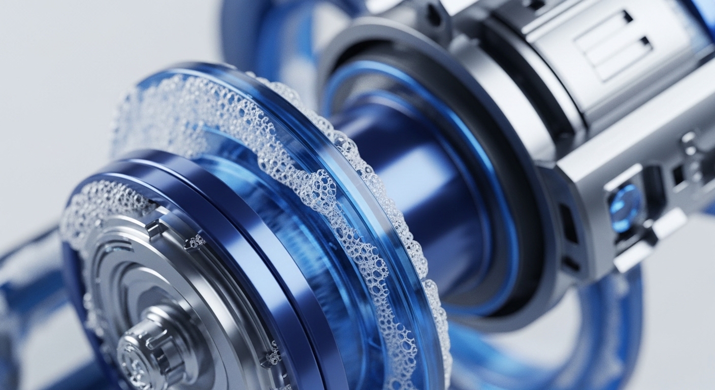 A detailed close-up reveals complex mechanical components, featuring shiny silver-grey gears and shafts interacting with a translucent blue fluid. Numerous small, white bubbles are visible within the blue medium, particularly along the edges of the rotating elements, indicating dynamic movement