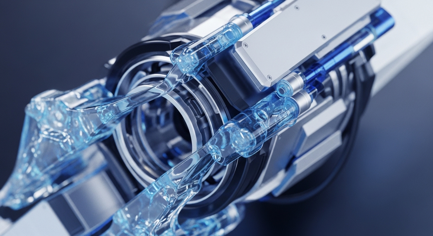 A detailed close-up reveals a complex, futuristic machine composed of gleaming silver metallic parts and transparent tubes carrying a vibrant blue, glowing liquid. The intricate design suggests advanced engineering, with light reflecting off the polished surfaces and illuminating the fluid's movement