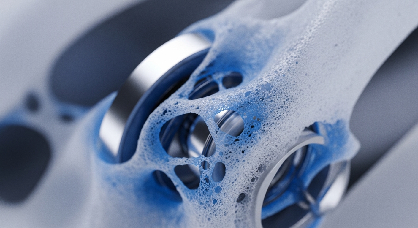 A close-up view showcases a complex metallic mechanical assembly, partially covered by a textured blue and white foamy substance. The substance features numerous interconnected bubbles and holes, revealing the underlying polished components
