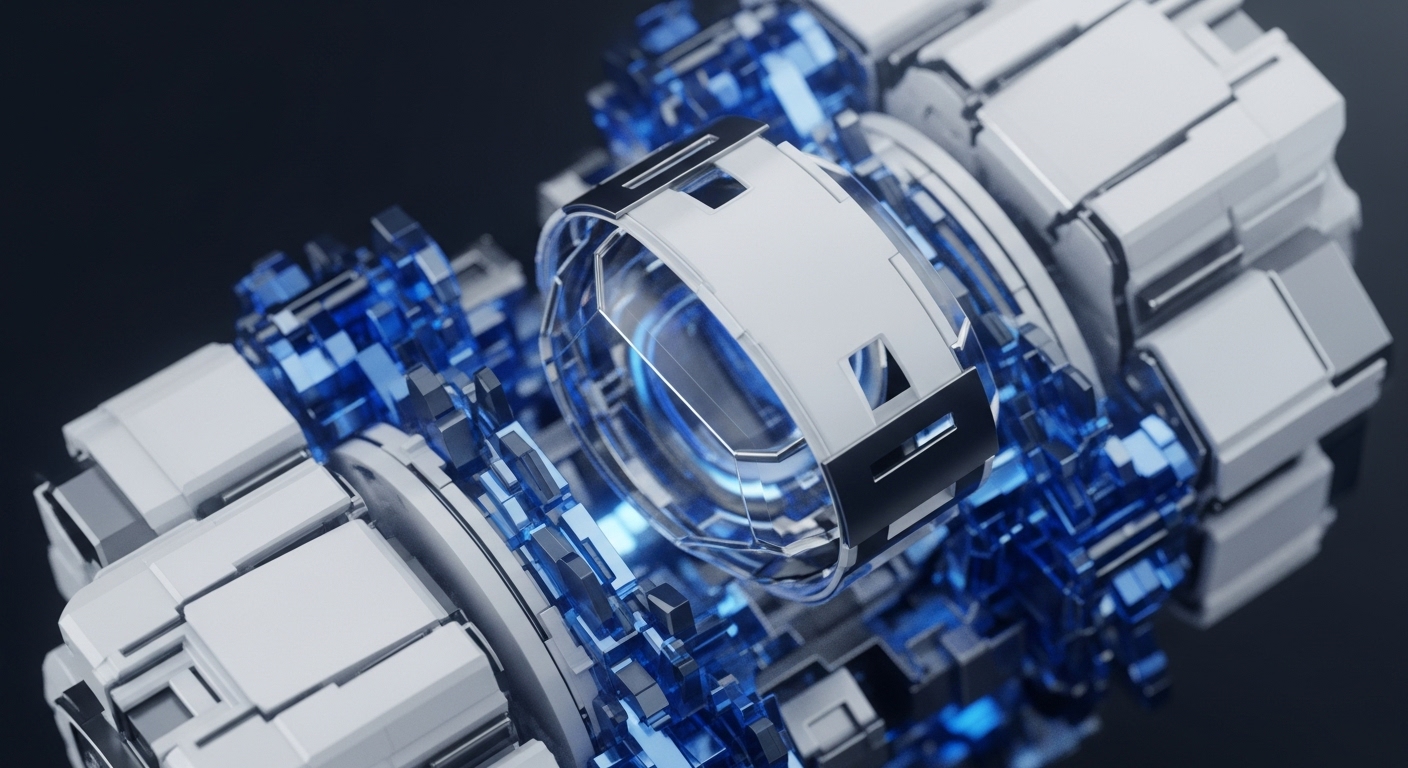This intricate digital construct showcases a fusion of mechanical precision and abstract crystalline forms in vibrant blue and white. The design symbolizes the underlying infrastructure of advanced blockchain protocols, emphasizing the complex interplay of cryptographic hashing and distributed consensus algorithms
