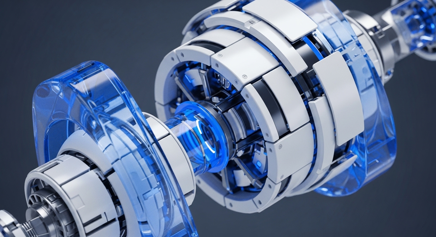 This visual showcases a complex, futuristic mechanical assembly featuring translucent blue conduits pulsing with light, interwoven with white and metallic components. This imagery abstractly represents the core mechanisms of blockchain technology and decentralized systems