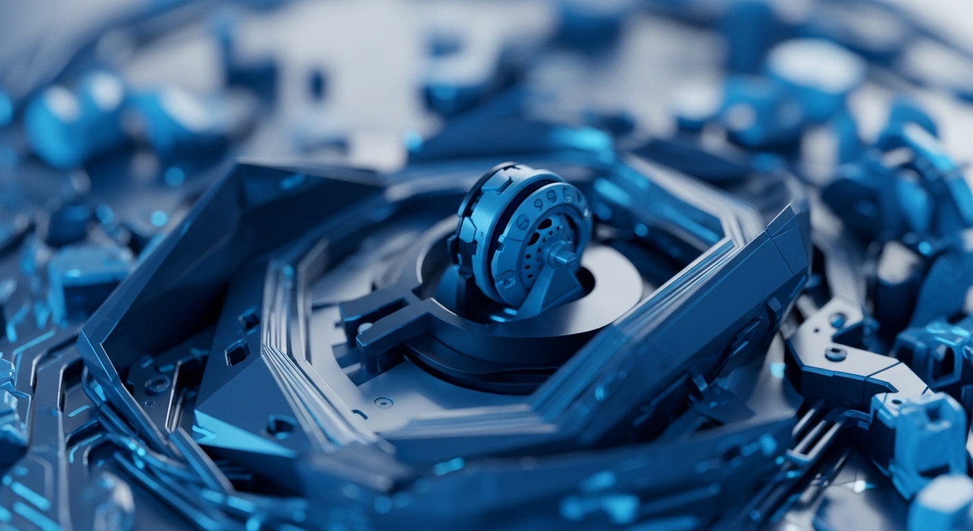 A complex, abstract mechanical assembly in shades of deep blue dominates the foreground. Central to the composition is a multi-faceted, circular component resembling a cryptographic key or a secured token, possibly a hardware security module HSM for digital asset management. Interlocking metallic structures, reminiscent of blockchain nodes or distributed ledger architecture, surround this core element. The overall aesthetic evokes the intricate, often opaque, underlying technology of cryptocurrencies and decentralized finance DeFi protocols, suggesting robust security and complex interdependencies within the crypto ecosystem.