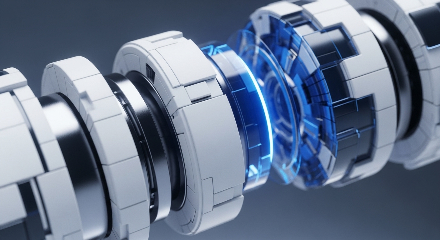 The image showcases a detailed, abstract representation of interconnected mechanical segments, predominantly white and silver, encasing a luminous blue energy source. This visual metaphor powerfully illustrates the intricate mechanisms and secure protocols that underpin cryptocurrency and blockchain networks