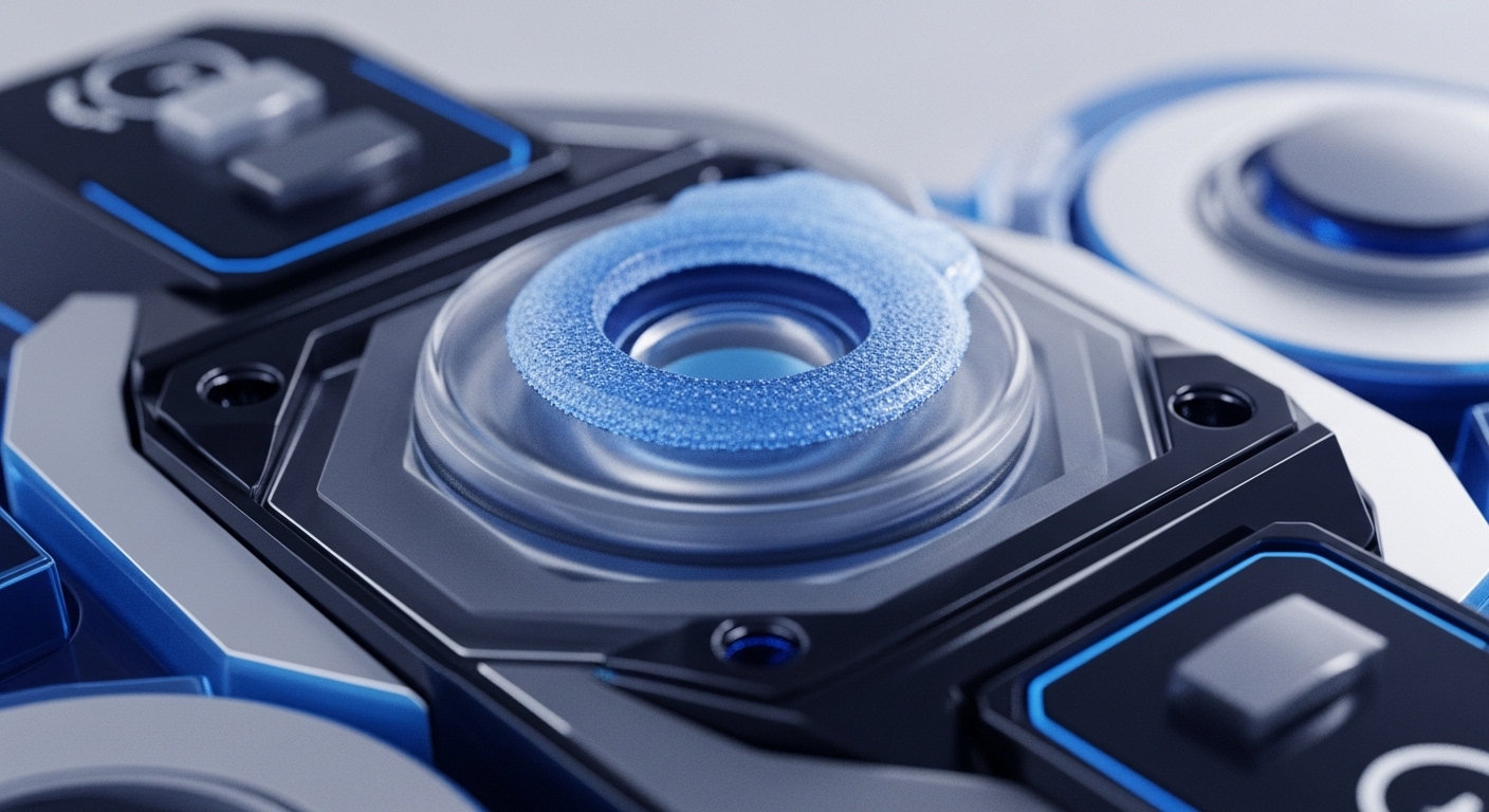The close-up perspective showcases a detailed technological element with a vibrant blue, granular ring surrounding a clear central lens or mechanism, integrated into a multifaceted dark and silver frame accented with electric blue. This visual metaphor powerfully illustrates the underlying mechanisms of cryptocurrency and blockchain technology