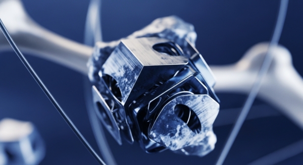 A metallic, geometrically complex construct, resembling a cryptographic key or a decentralized network node, is intricately integrated with what appears to be fractured bone material. Thin, taut wires, akin to network conduits or blockchain transaction pathways, extend outwards, suggesting connectivity and data flow. This visual metaphor encapsulates the intersection of advanced medical technology, specifically bone grafting and reconstruction, with the underlying principles of decentralized finance and secure, distributed ledger systems. It hints at novel applications for blockchain in healthcare, potentially for secure patient data, supply chain management of medical implants, or even tokenized medical futures.