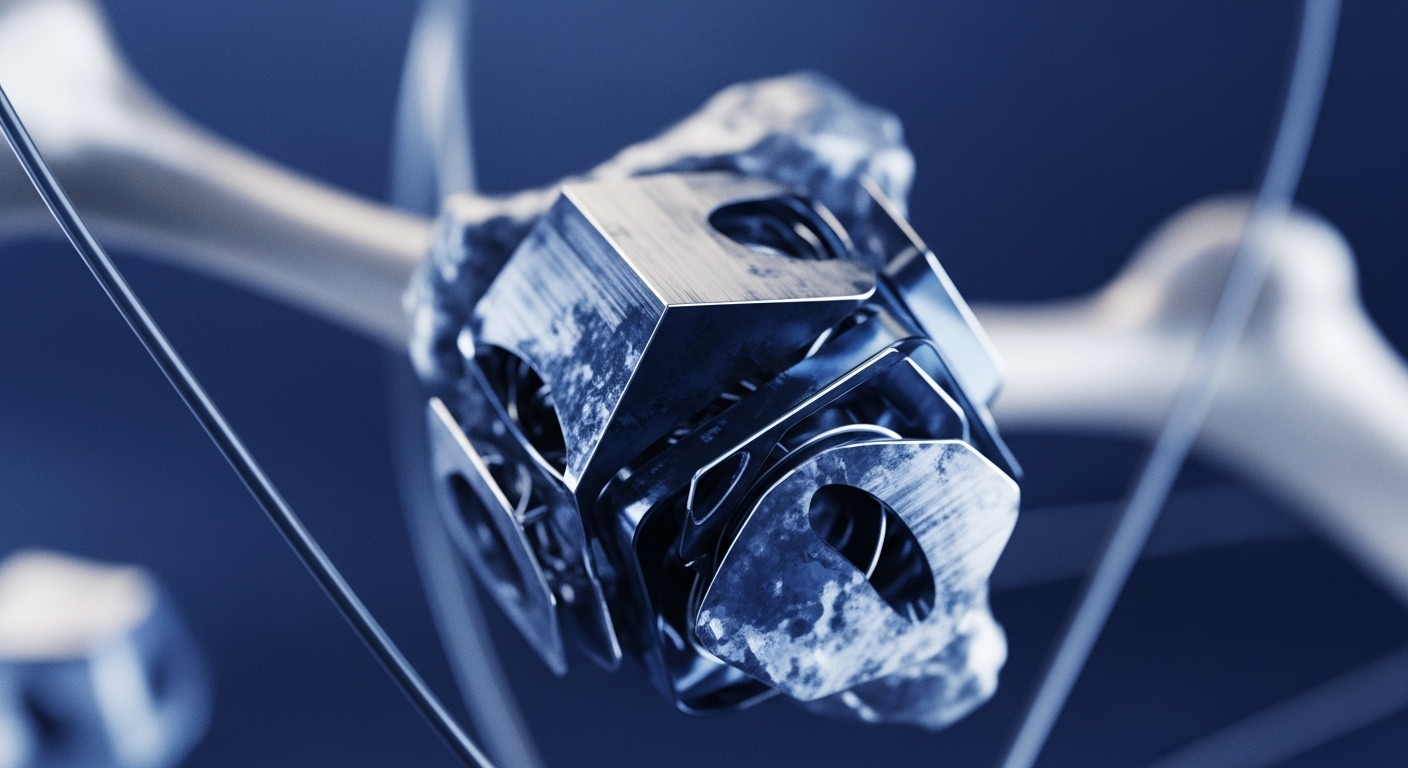 A metallic, multi-faceted structure, reminiscent of a cryptographic artifact or a decentralized network node, is embedded within fragmented bone tissue. Fine, taut wires emanate from the construct, symbolizing interconnectedness and the flow of information, much like nodes in a blockchain network