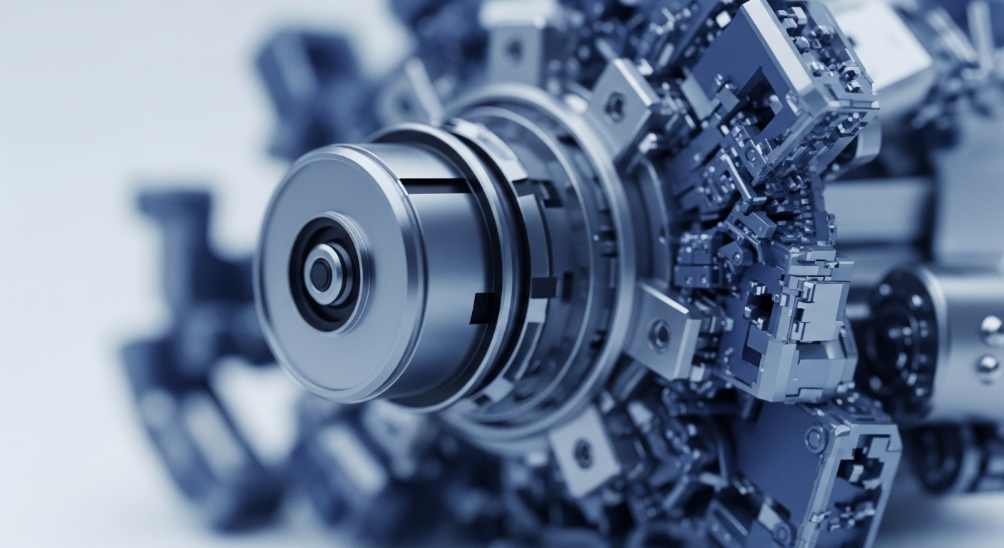 The image showcases a highly detailed, metallic mechanical assembly with a distinct blue luminescence. Intricate gears, circuits, and interlocking parts are visible, suggesting advanced engineering and complex functionality