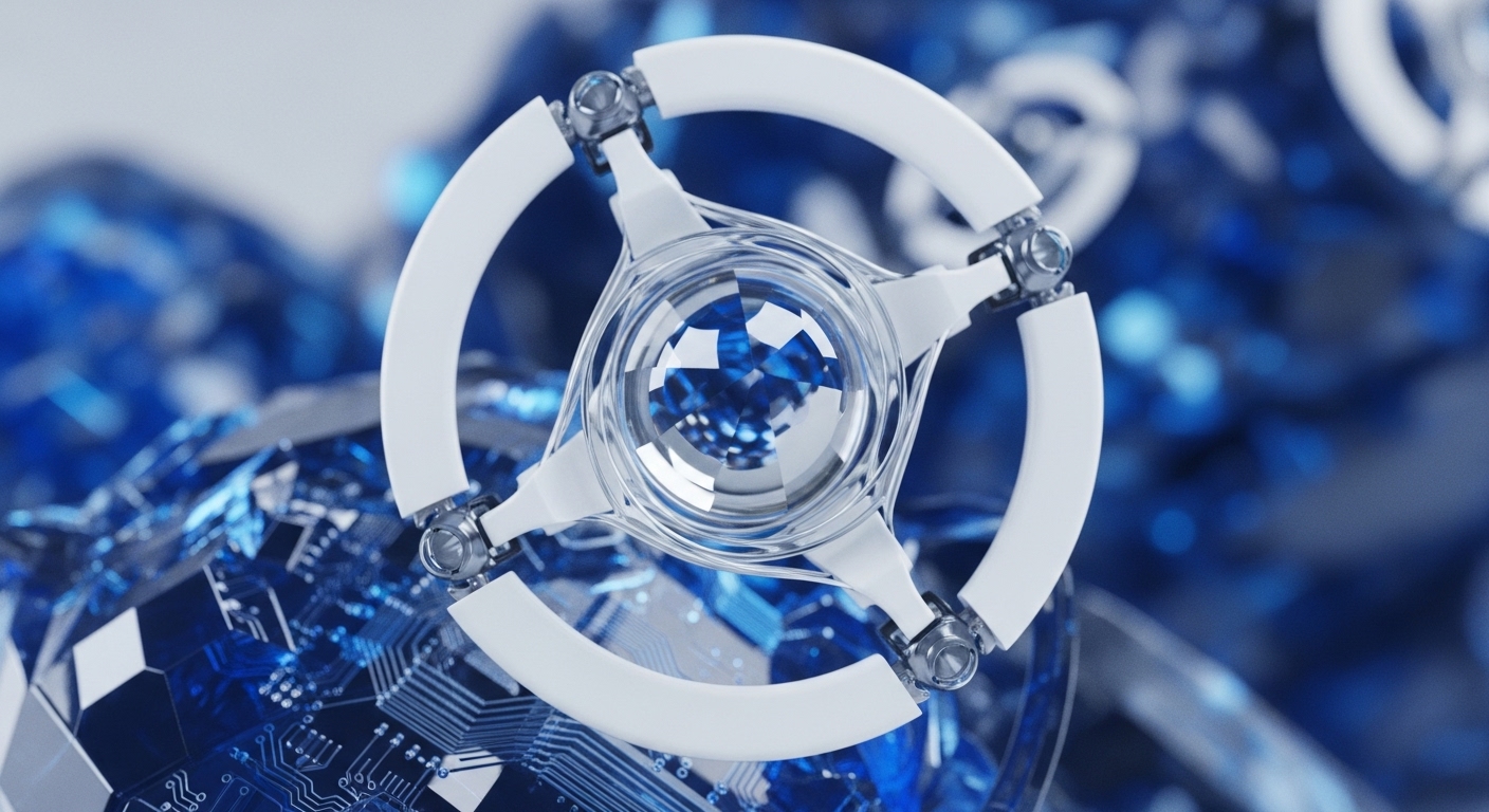 A central, multifaceted crystalline object with four articulated white arms forms the focal point, suspended against a vibrant, abstract backdrop of interconnected blue geometric forms and visible circuit board traces. This composition visually represents the core mechanisms of decentralized finance and blockchain infrastructure, potentially symbolizing a secure consensus algorithm or a novel cryptographic primitive