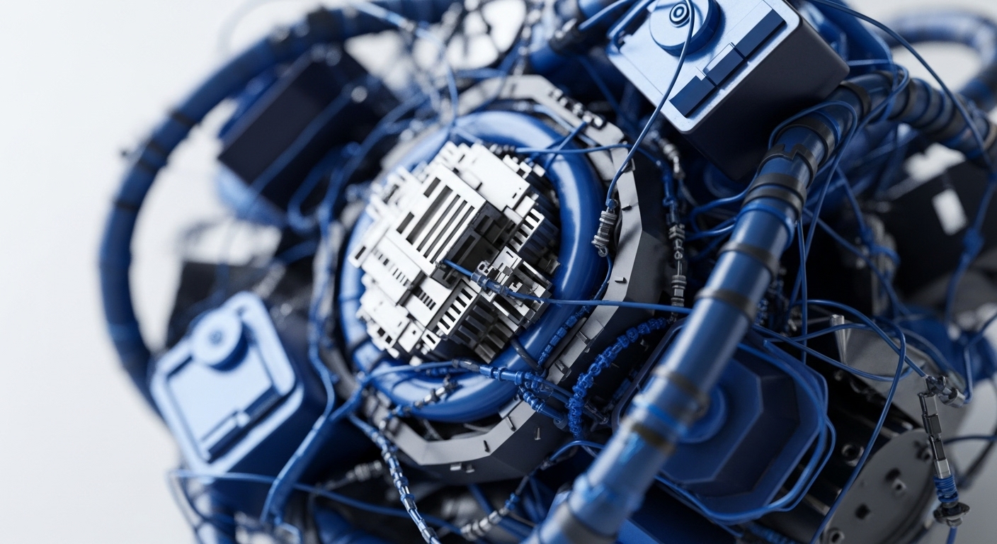 The image displays a highly detailed, abstract model featuring numerous blue tubes and metallic components, intricately woven together. This visual metaphor represents the complex architecture of decentralized ledger mechanisms and the interconnectedness of blockchain technology