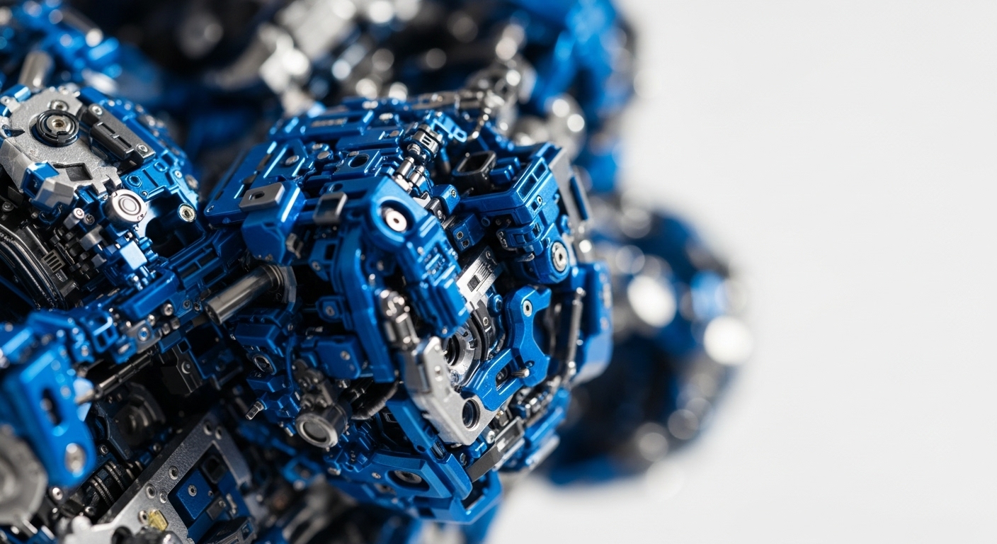 Intricate blue and silver metallic components form a detailed mechanical assembly, suggesting complex interconnected systems. This visual metaphor extends to the foundational mechanisms of blockchain technology, where distributed ledger technology DLT relies on sophisticated protocols for secure transaction processing and immutability