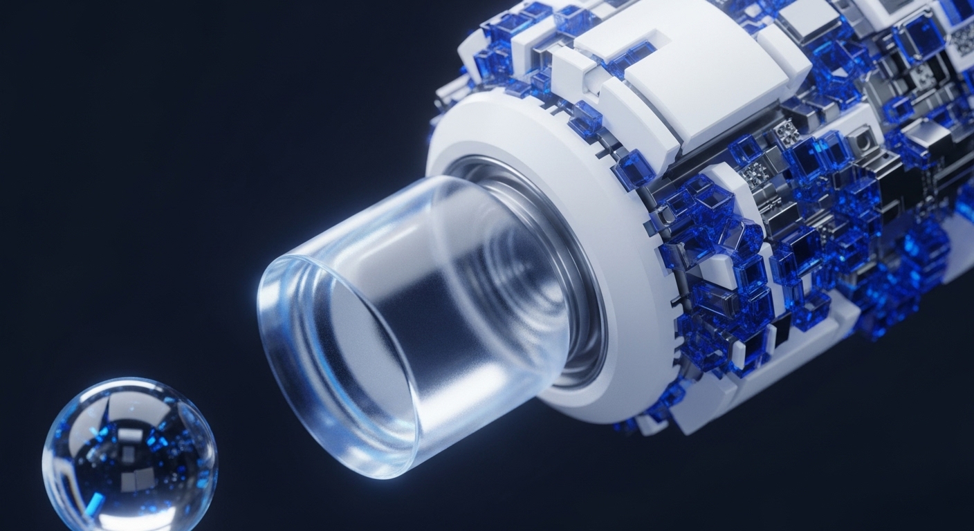 A transparent sphere filled with glowing blue shards sits near a sophisticated cylindrical device adorned with white panels and numerous translucent blue cubes. This imagery evokes the underlying architecture of decentralized systems, potentially representing secure data packets or cryptographic keys within a blockchain network