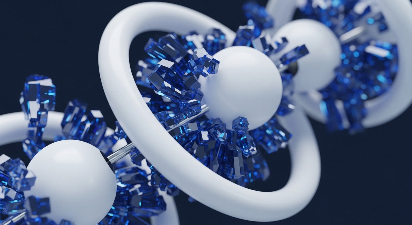 The image showcases a series of interconnected white spheres linked by a smooth, white helical band, adorned with vibrant blue, angular crystalline structures. This abstract visualization delves into the foundational elements of digital asset ecosystems