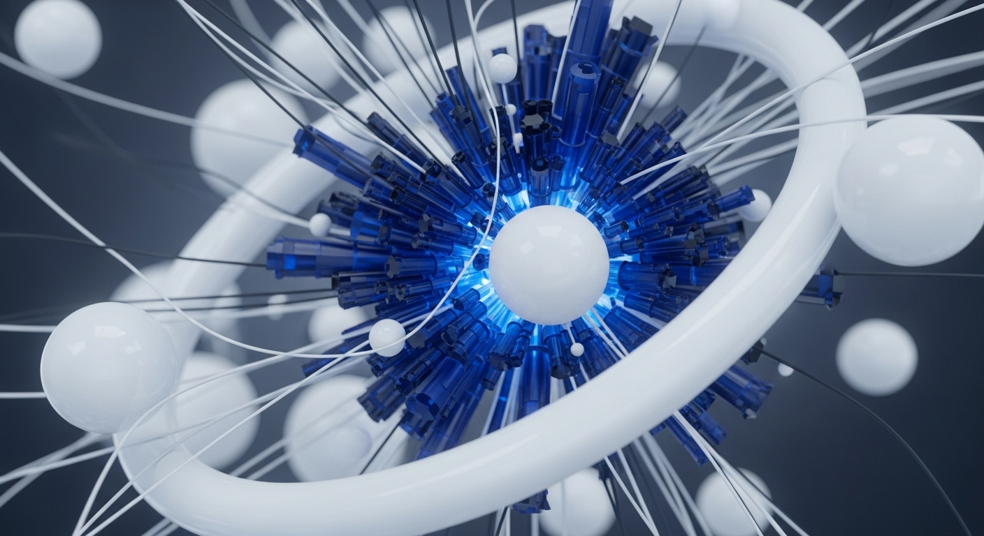 The composition displays a vibrant, glowing blue central core, surrounded by numerous translucent blue columnar structures and interconnected by thin white and black lines. White, smooth spheres of varying sizes are scattered around, with a prominent white toroidal structure partially encircling the central elements