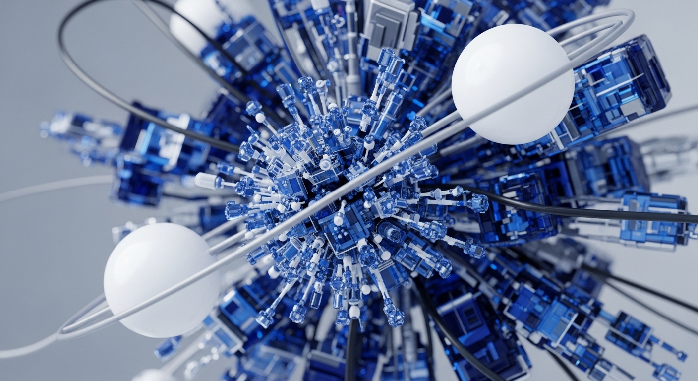 The central focus reveals a dense, intricate cluster of translucent blue and white cuboid structures, extending outward with numerous spikes and rods. Surrounding this core are larger, similar blue translucent modules, all interconnected by a web of grey and black lines