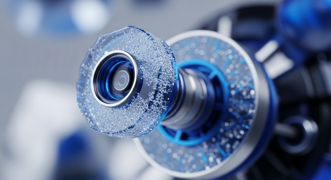 A close-up view reveals a highly detailed, abstract technological mechanism dominated by shades of blue and silver. The focal point is a translucent, circular component embedded with numerous tiny bubbles, reminiscent of effervescent liquid or suspended particulate matter